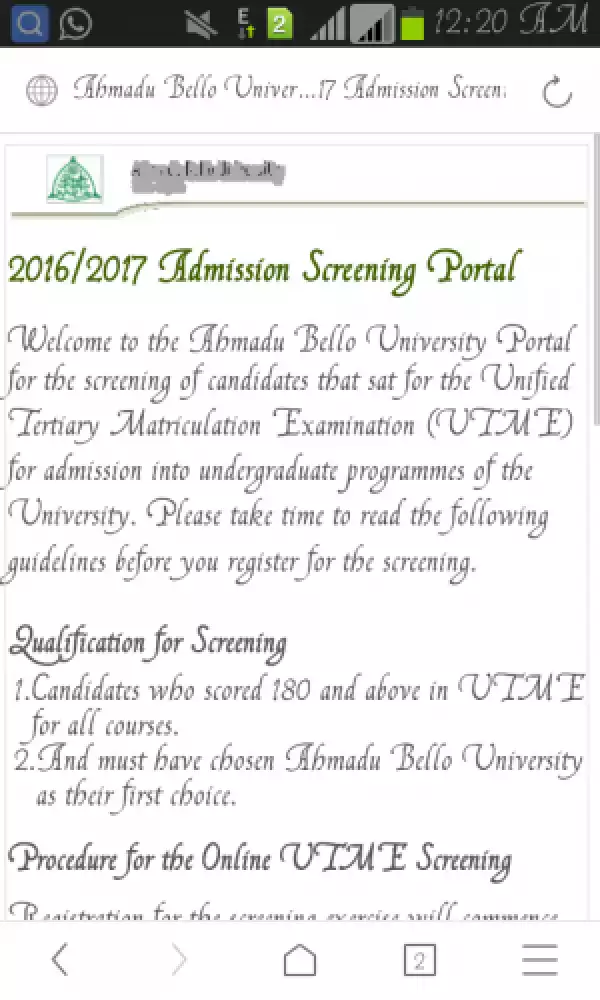 ABU Admission Screening Registration 2016/2017 Announced